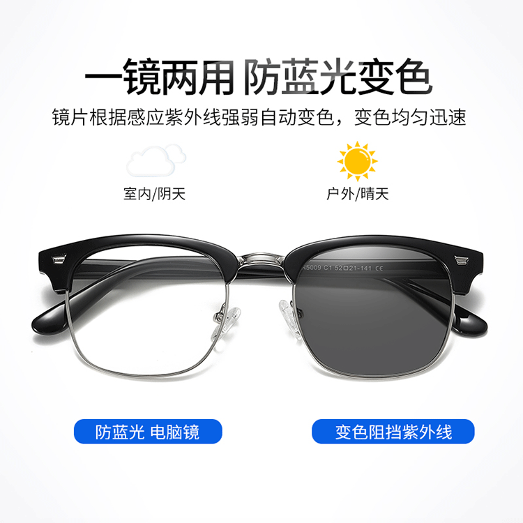 跨境热卖时尚防蓝光变色眼镜男女款tr平光镜感光变色防紫外线眼镜